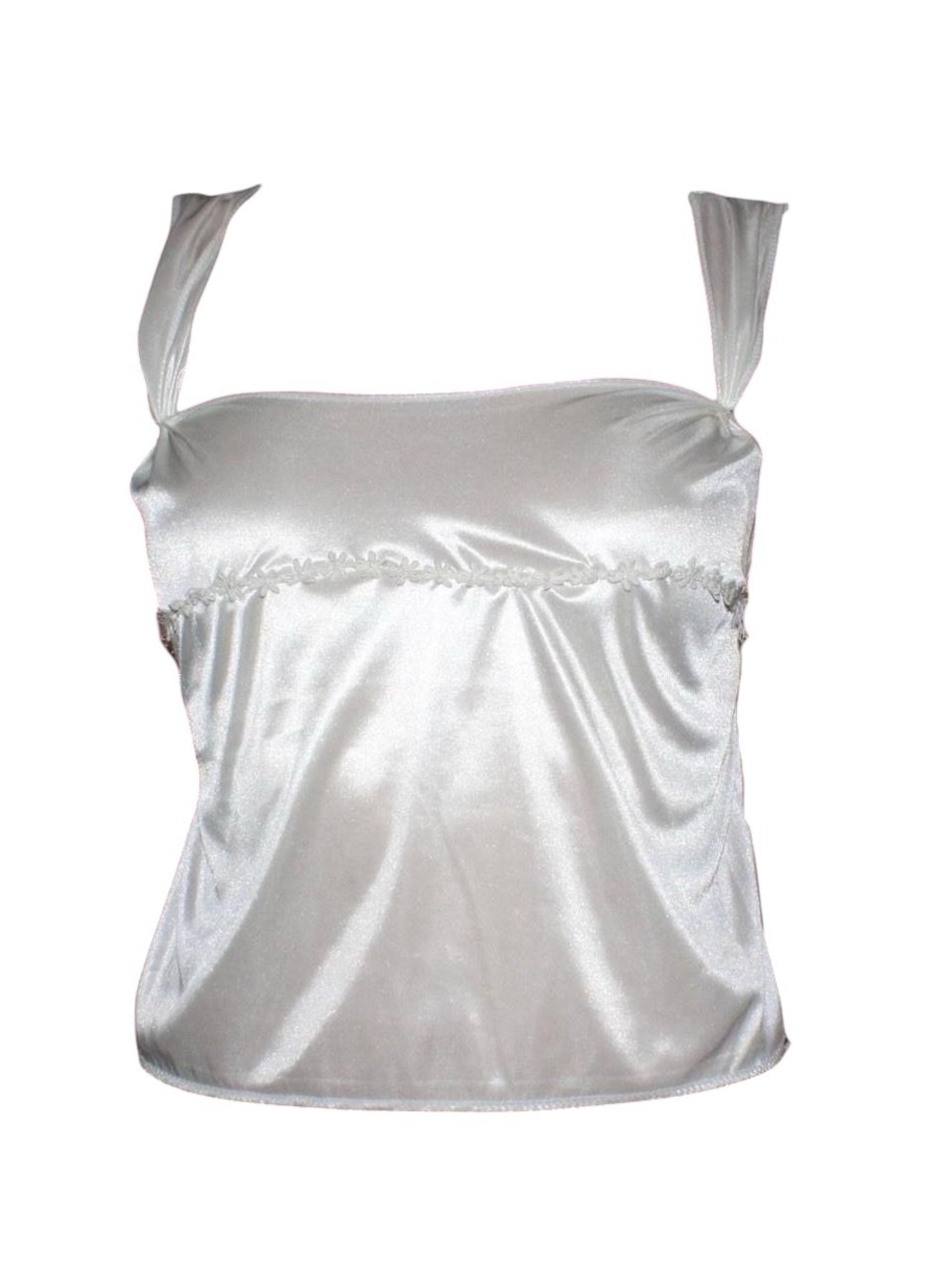 Silky ivory satin top with lace ties and floral trim